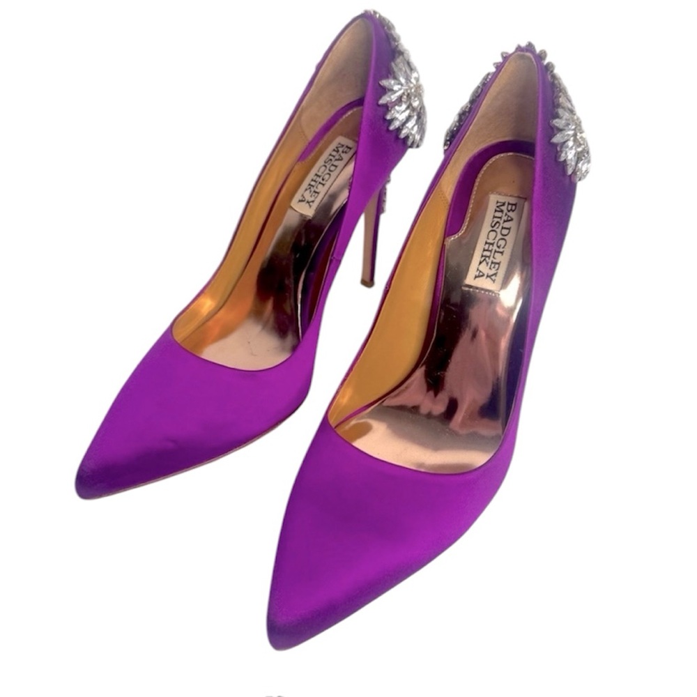 Badgley Mischka Berry Satin Purple Pointed Toe Embellished Heel Pumps Size 7.5